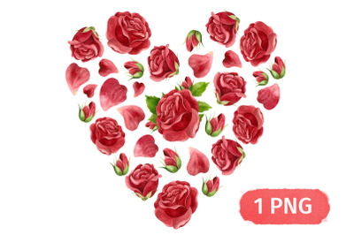 Floral heart with red rose flowers, Watercolor PNG Clipart