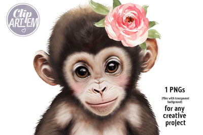 Baby Girl Monkey with Flower in Head, Watercolor 1 PNG Image Clip Art