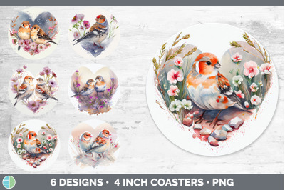 Valentines Snow Bunting Bird Round Coaster | Sublimation Designs Bundl