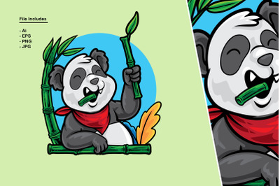 Panda Cartoon Eating Bamboo Illustration