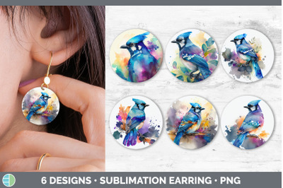 Rainbow Blue Jay Round Earring | Sublimation Designs Bundle