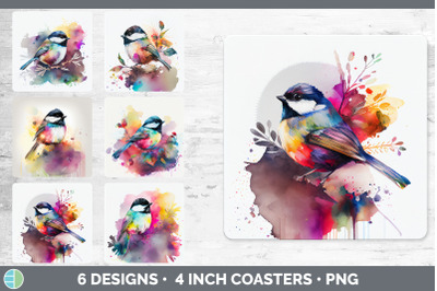 Rainbow Chickadee Square Coaster | Sublimation Designs Bundle