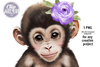 Baby Girl Monkey with Purple Flower Watercolor Image 1 PNG Clip Art