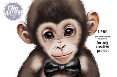 Monkey  with Black Bow Tie Baby Animal Image,  Watercolor Clip Art PNG