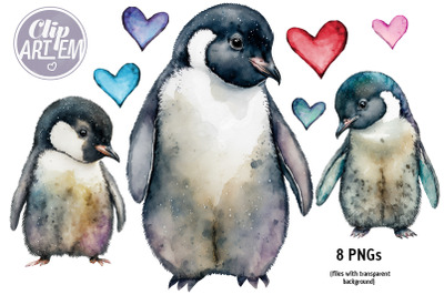 Penguin with Hearts Watercolor Clip Art Love Image Bundle