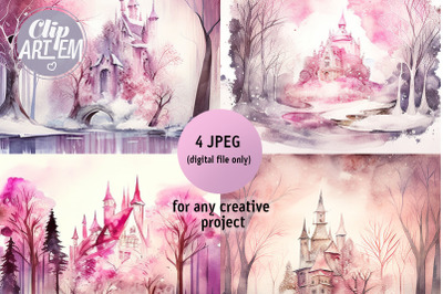 Winter Wonderland Pink Castle Wall Art  Watercolor Illustration 4 JPEG