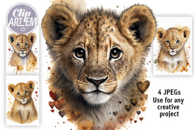 Cute Lions Wall Art  4 JPEG Watercolor Images Baby Bundle