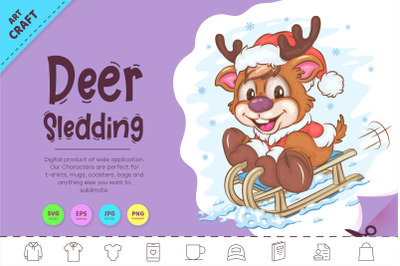 Cartoon Deer Sledding. Clipart