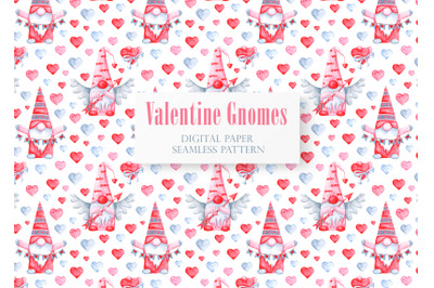 Gnomes valentine digital paper, seamless pattern. Love. Heart.