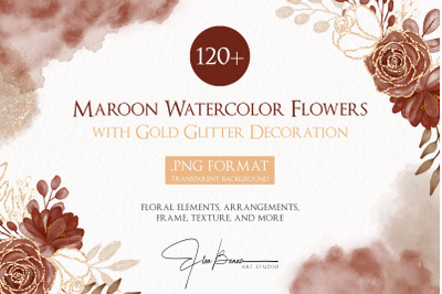 Maroon Watercolor Floral With Gold Glitter