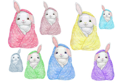 Colorful Bunny Rabbits. Watercolor.