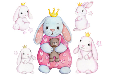 Baby Bunny Princess. Watercolor art.
