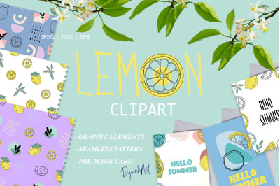 Lemon Clipart. Modern Abstract Shapes. Citrus Design pattern, cards