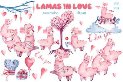 Cute watercolor llama alpaca clipart