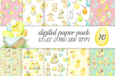 watercolor Easter Digital Papers, Cute Bunny Seamless Pattern, Custom