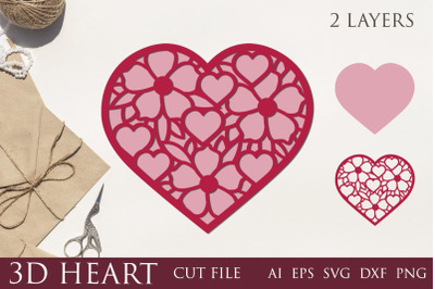 3d layered floral heart svg, Valentine laser cut