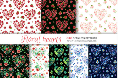 Floral Hearts Seamless Patterns with Watercolor Flowers