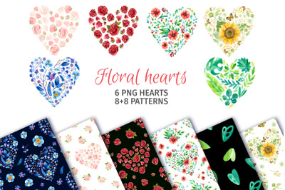 Floral Hearts  Watercolor clipart &amp; Seamless Patterns