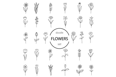 Hand drawn set illustration flowers in doodle style