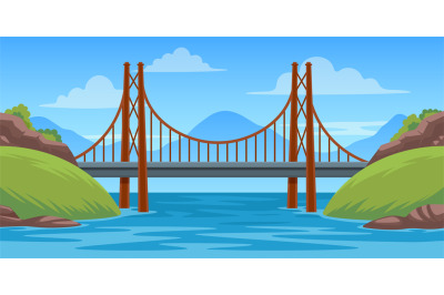 Bridge landscape. Panoramic scene with bridgework across river cartoon