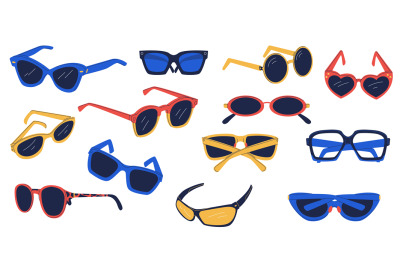 Different glasses. Doodle cartoon sunglasses plastic metal frames, col