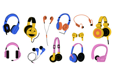 Headphones collection. Cartoon wired and wireless earphones, audio ele