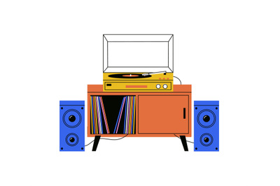 Vinyl player. Cartoon retro analog turntable record rotating disk on s