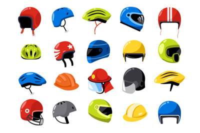 Helmet collection. Cartoon bike motorcycle driver sport building engin