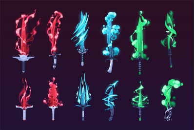 Glowing gaming swords. Magic fantasy shiny warrior weapon for game UI