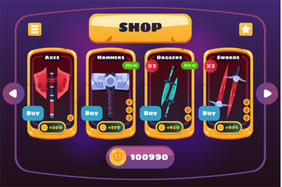 Game weapon shop. Fantasy rpg store menu panel with medieval sword axe