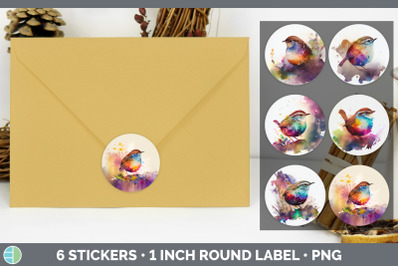 Rainbow Wren Stickers | Sticker 1in Round Labels PNG Designs