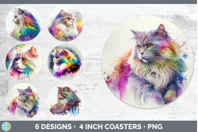 Rainbow Angora Cat Round Coaster | Sublimation Designs Bundle