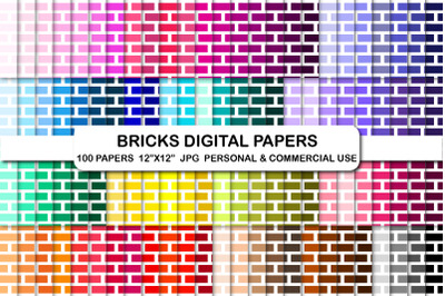 Brick Wall Digital Backgrounds Rainbow Bricks Pattern Papers