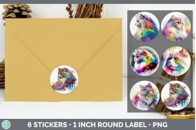 Rainbow Angora Cat Stickers | Sticker 1in Round Labels PNG Designs