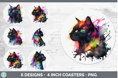 Rainbow Black Cat Round Coaster | Sublimation Designs Bundle