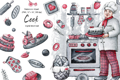 Cook chef, sweet pastry watercolor clipart, bakery products
