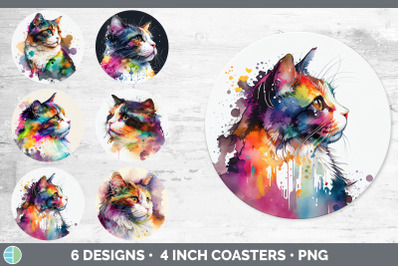 Rainbow Calico Cat Round Coaster | Sublimation Designs Bundle