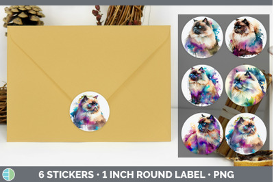 Rainbow Himalayan Cat Stickers | Sticker 1in Round Labels PNG Designs