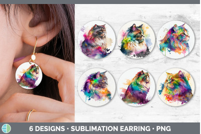 Rainbow Maine Coon Cat Round Earring | Sublimation Designs Bundle