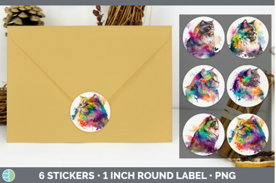 Rainbow Maine Coon Cat Stickers | Sticker 1in Round Labels PNG Designs