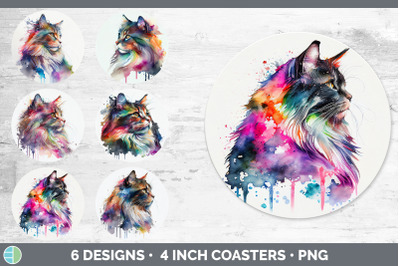 Rainbow Norwegian Forest Cat Round Coaster | Sublimation Designs Bundl