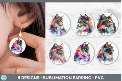 Rainbow Norwegian Forest Cat Round Earring | Sublimation Designs Bundl