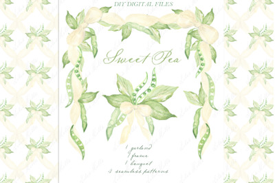 Sweet Pea. Baby shower DIY Ivory white bow frame Digital Clipart.
