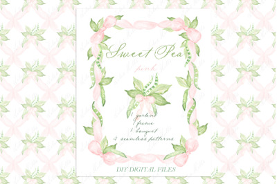 Sweet Pea. Baby shower DIY Pink bow Watercolor clipart