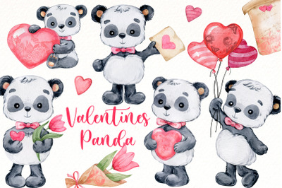 Valentine Panda Clipart, watercolor Cute Animal png, love.
