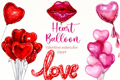 Heart Balloon clipart, Valentines Day watercolor clip art.