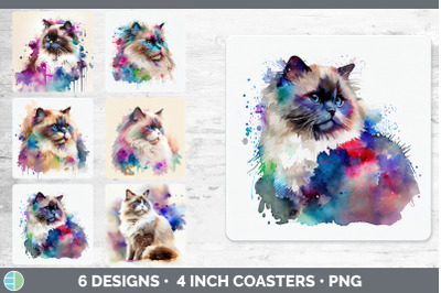 Rainbow Ragdoll Cat Square Coaster | Sublimation Designs Bundle