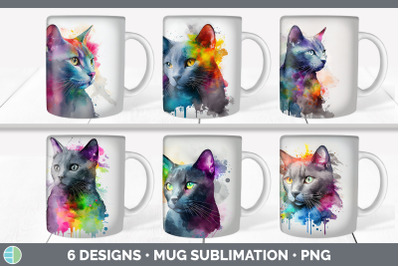 Rainbow Russian Blue Cat Mug Sublimation | Coffee Cup Background PNG