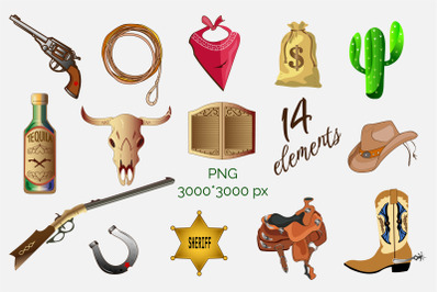 Western. Set with 14 cowboy icons