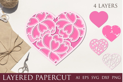 Flower heart card, Heart layered papercut, Valentines day